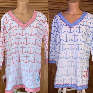 Ecoaccents beach tunic nautical anchors peach and aqua on white cotton XL